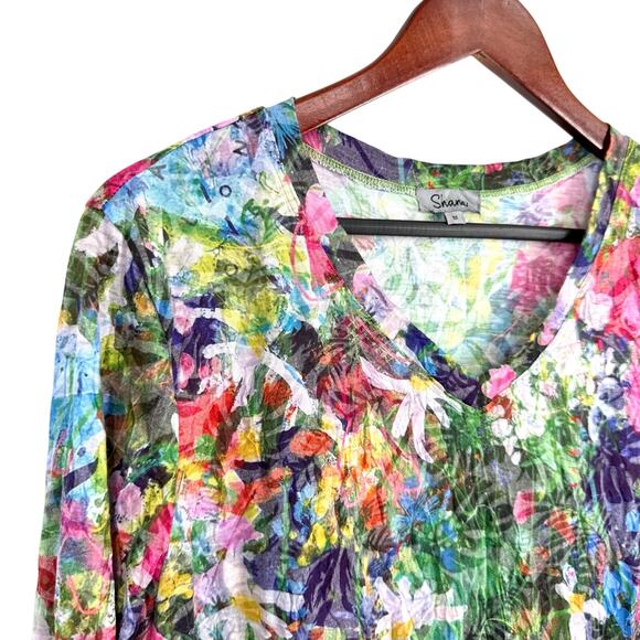Shana Medium Wearable Art Vibrant Floral Spring Summer Crinkle Blouse Shirt Top - Picture 4 of 10
